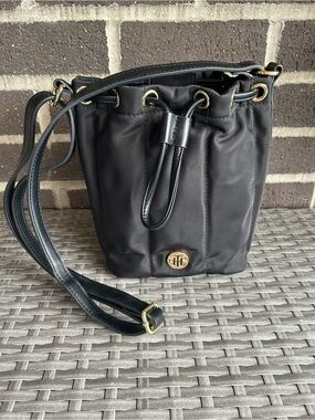 Tommy Hilfiger Black Drawstring Bucket Handbag with Gold Accents